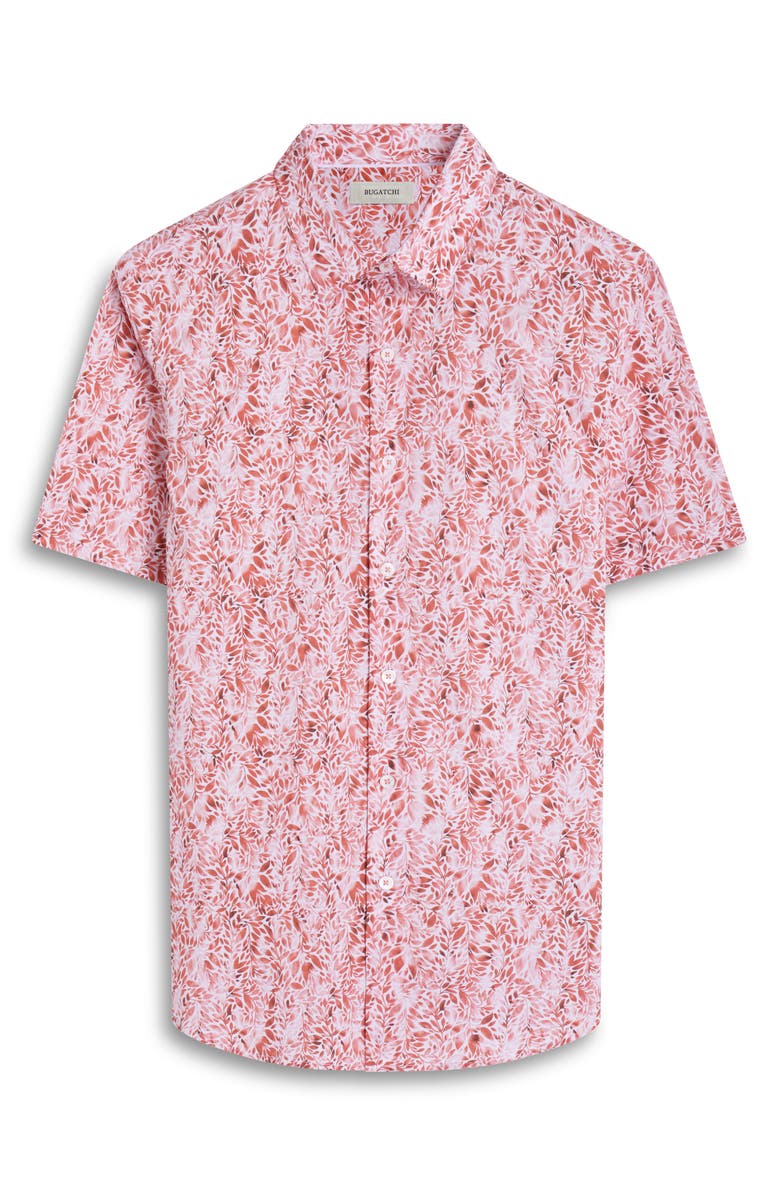 Bugatchi Orson Trim Fit Leaf Print Short Sleeve Stretch Cotton Button-Up Shirt, Alternate, color, Paprika