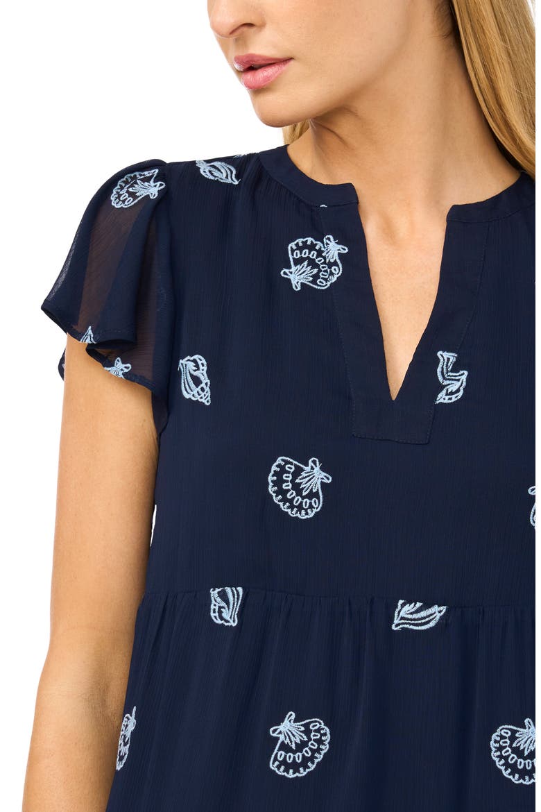 Embroidered Shell Detail Flutter Sleeve Minidress, Alternate, color, CLASSIC NAVY