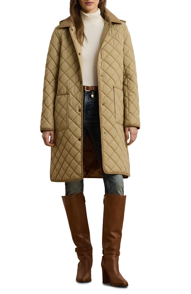 Lauren Ralph Lauren Diamond Quilted Hooded Coat, Main, color, Birch Tan