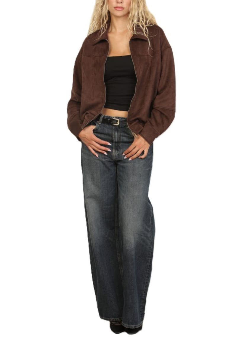 Faux Suede Zip Front Jacket, Alternate, color, HOT FUDGE