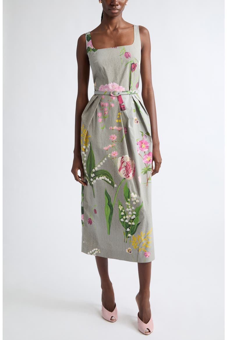 Mixed Botanical Pleated Cotton Stretch Poplin Midi Dress, Main, color, GREY MULTI