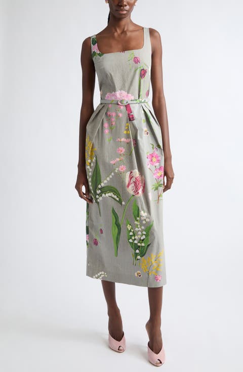 Mixed Botanical Pleated Cotton Stretch Poplin Midi Dress