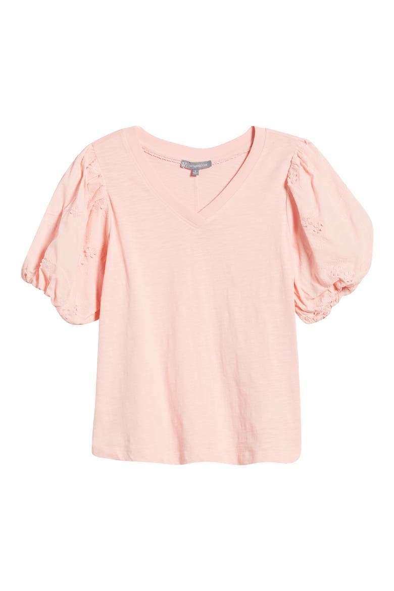 Embroidered Puff Sleeve V-Neck Top, Alternate, color, STRAWBERRY CREAM