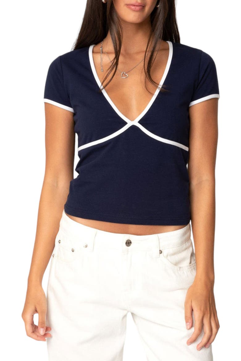 Alicia Contrast Trim V-Neck Top, Main, color, NAVY