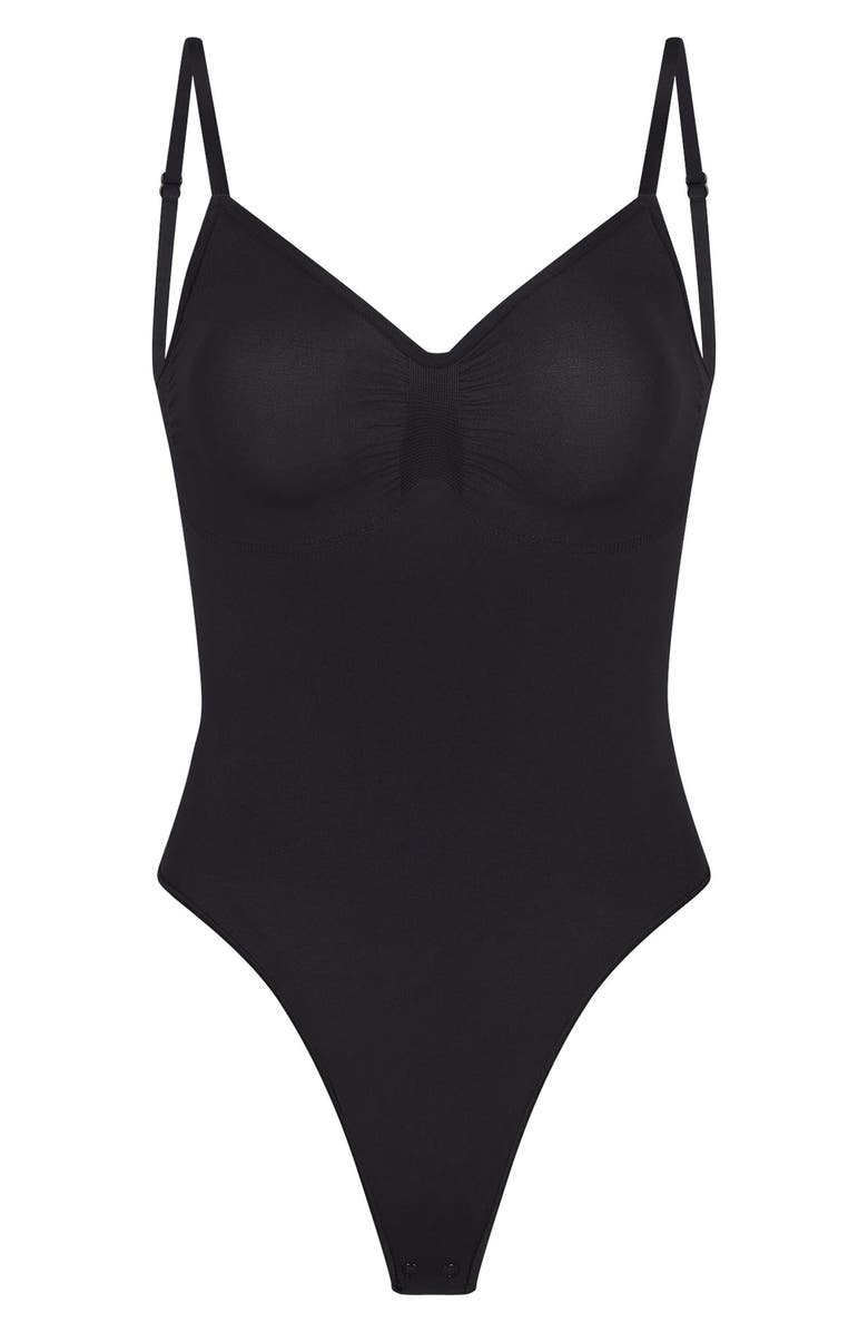 SKIMS Seamless Sculpt Low Back Thong Bodysuit, Alternate, color, Onyx