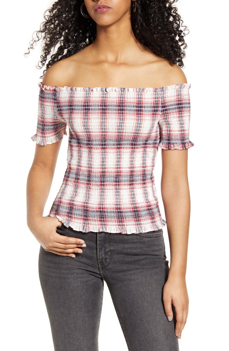 Only Andrey Check Smocked Off the Shoulder Top, Main, color, 