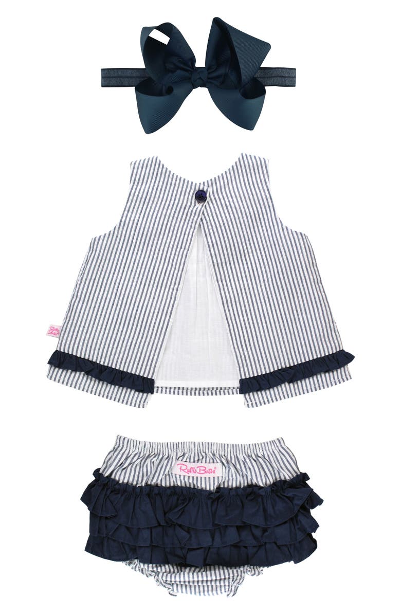 RuffleButts Stripe Cotton Seersucker Swing Top, Bloomers & Headband Set, Alternate, color, 