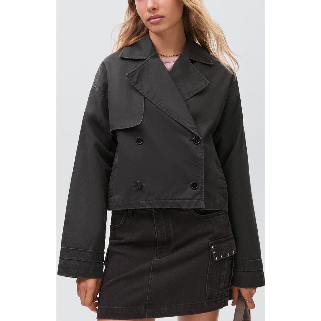 Mango Teen Short Wax Cotton Blend Trench Coat In Black