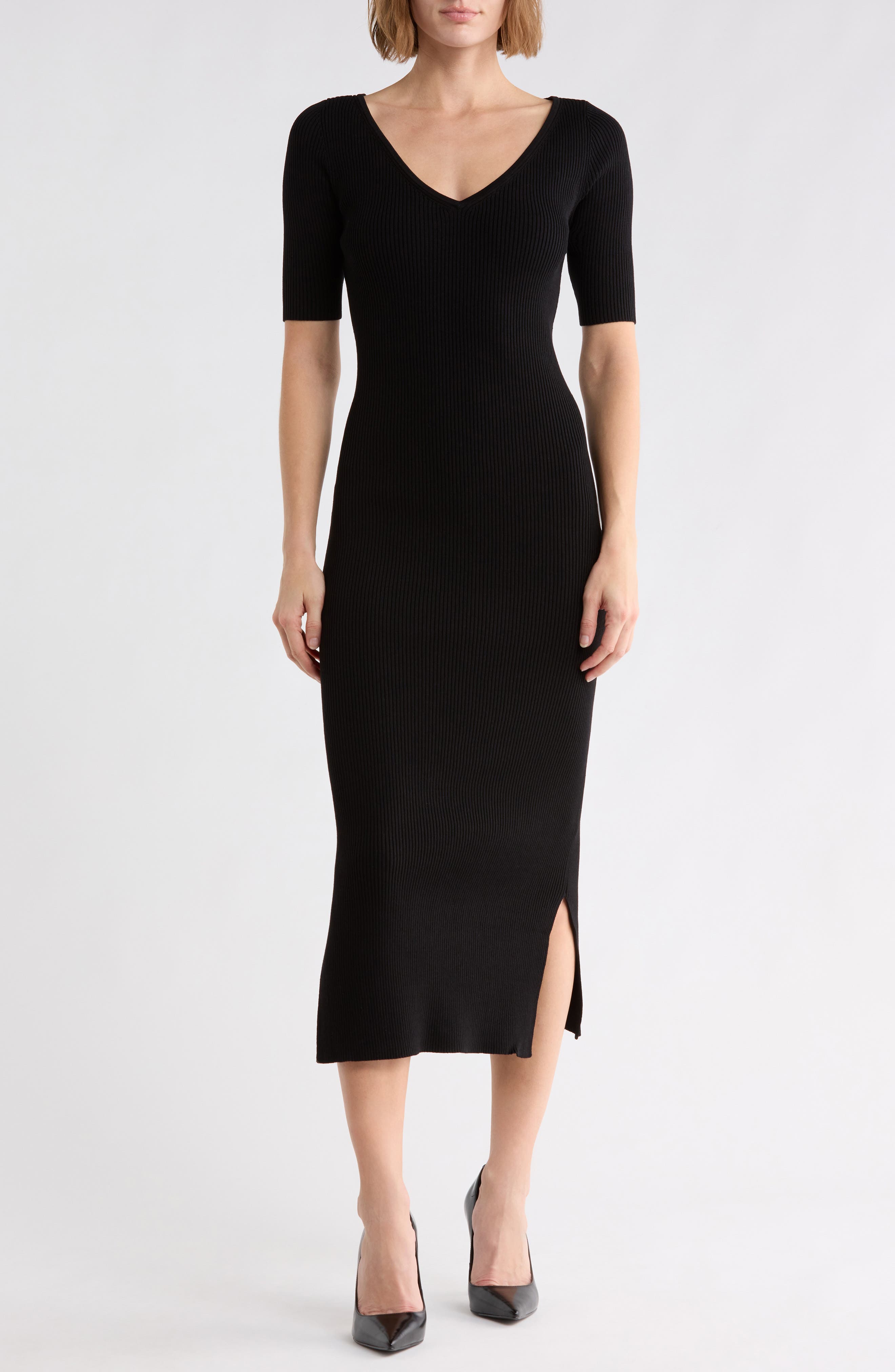 V-Neck Ribbed Midi Dress