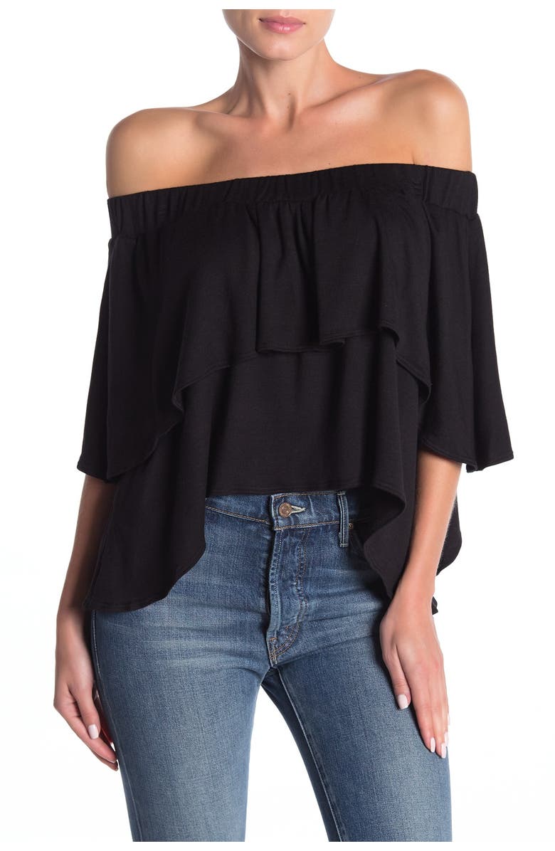 GO COUTURE Off-The-Shoulder Double Ruffle Top, Main, color, Black