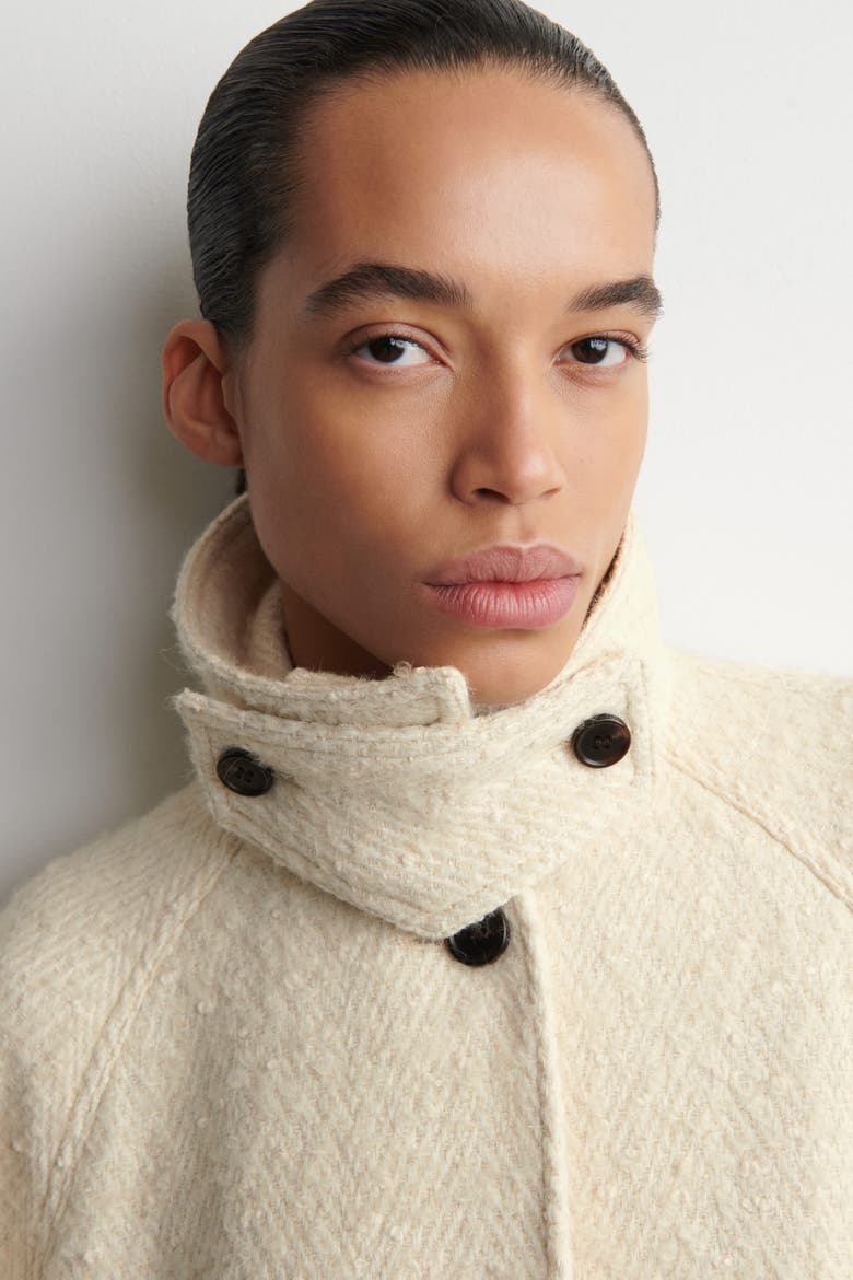 Mock-Neck Wool-Herringbone Short Coat, Alternate, color, CREAM