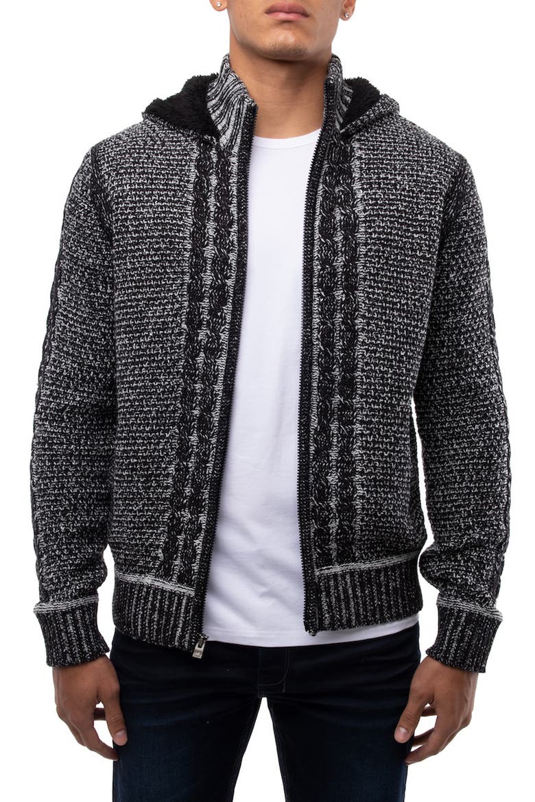 Hooded Full-Zip Mock Neck Sweater Jacket, Main, color, BLACK