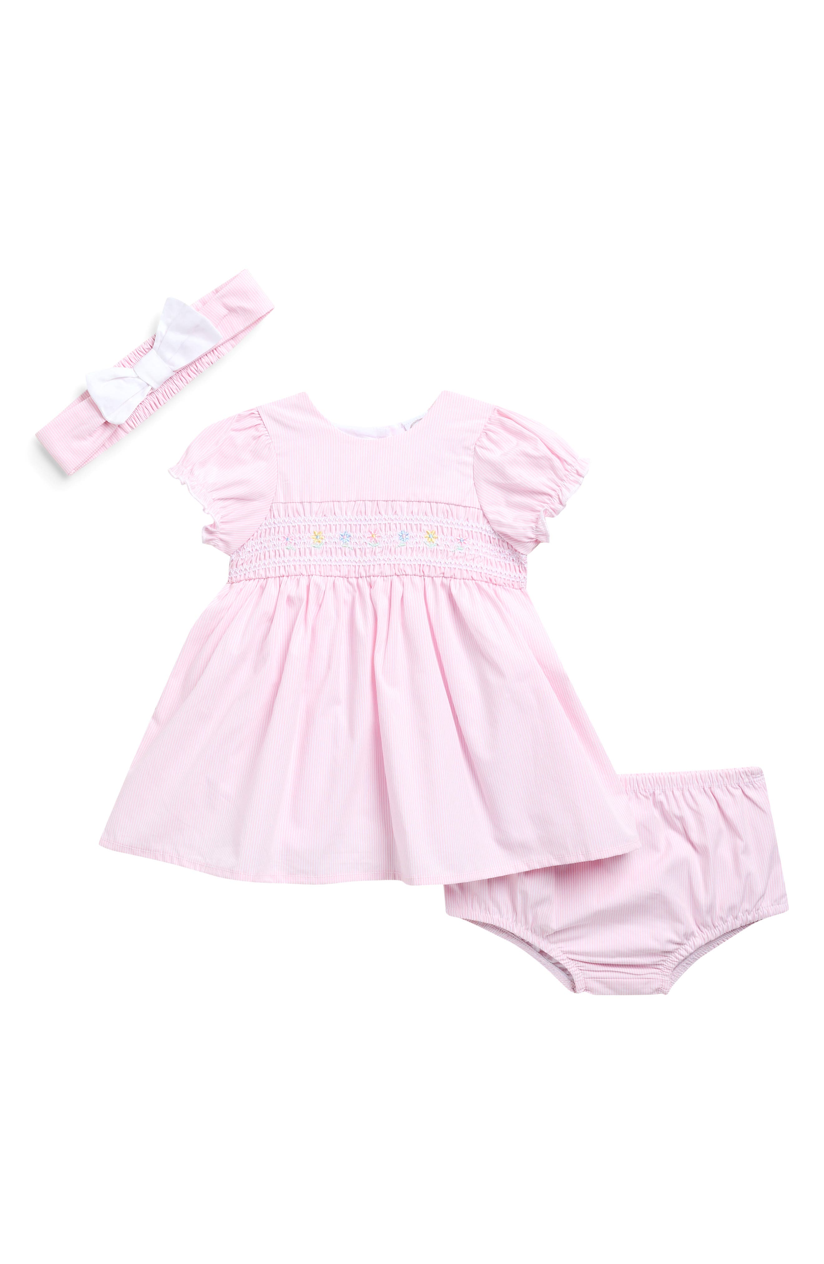 Little Me Flower Embroidered Smocked Dress & Headband Set
