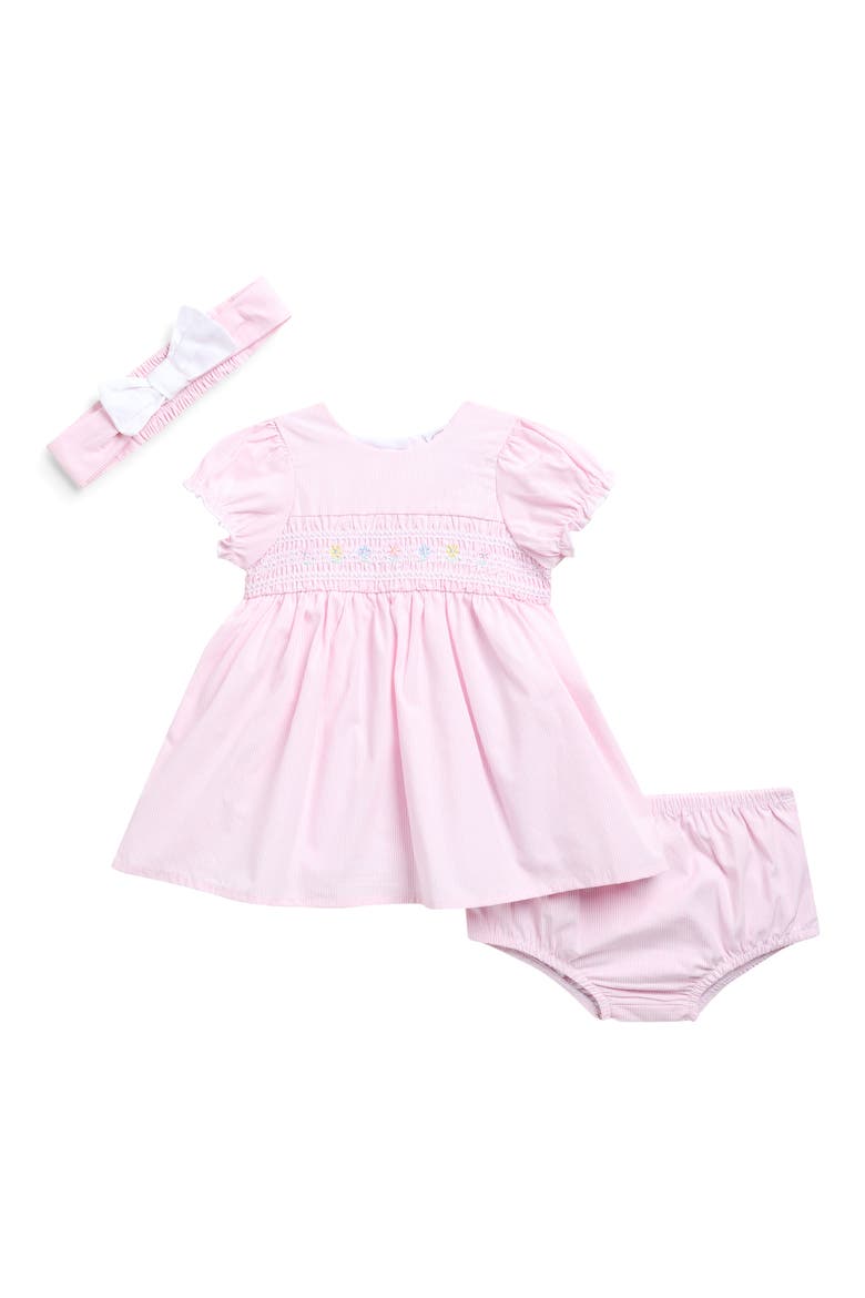 Flower Embroidered Smocked Dress & Headband Set, Main, color, PINK