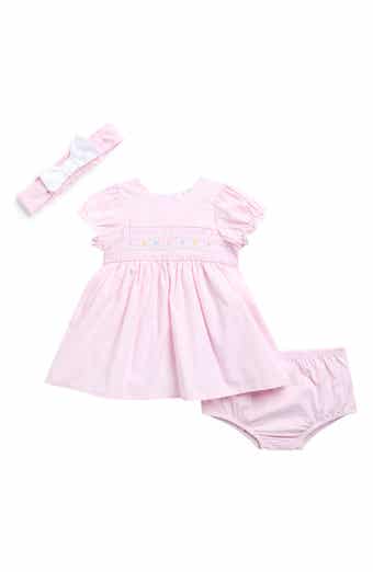 Flower Embroidered Smocked Dress & Headband Set
