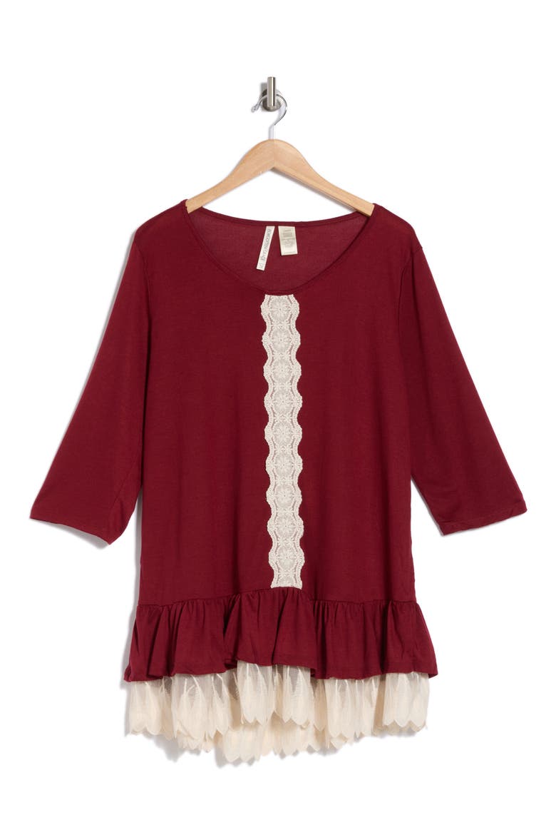 Three-Quarter Sleeve Crochet Peplum Top, Alternate, color, BURGUNDY