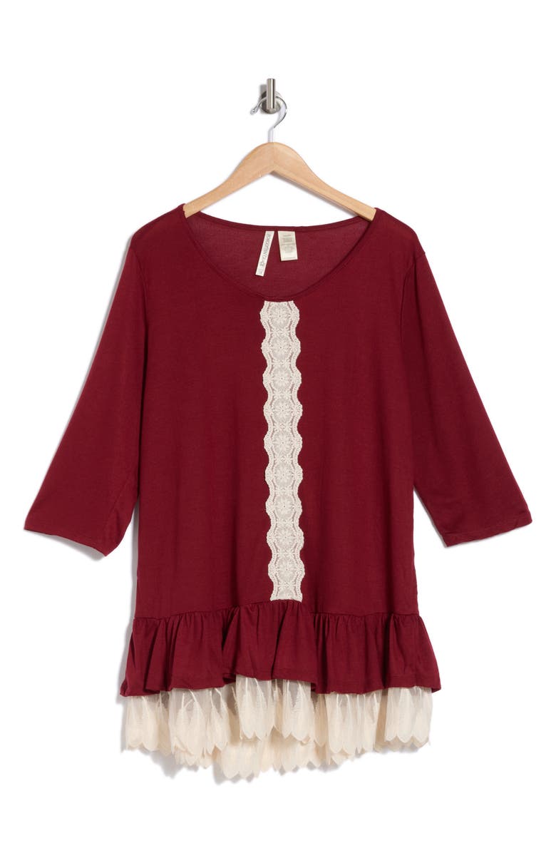 Forgotten Grace Three-Quarter Sleeve Crochet Peplum Top, Alternate, color, Burgundy