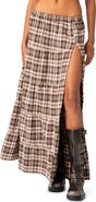 EDIKTED Plaid Tiered Side Slit Maxi Skirt