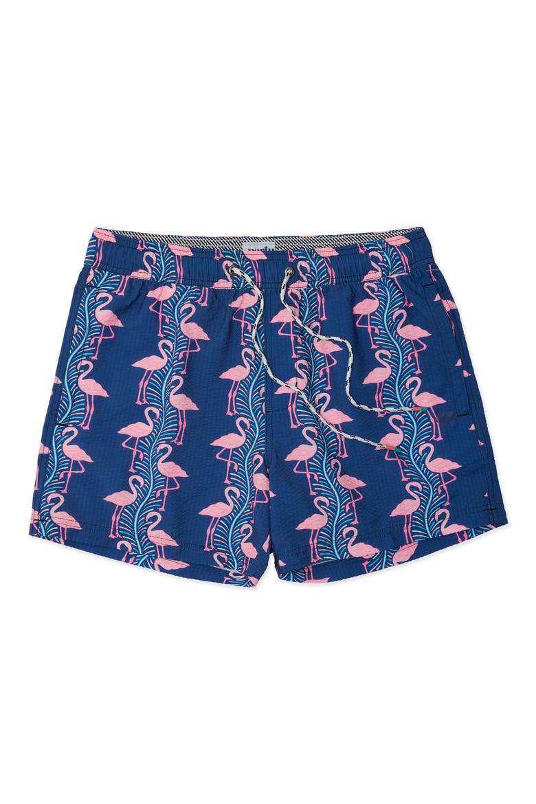 Flamingles Party Starter 5-Inch Swim Trunks, Main, color, NAVY BLUE