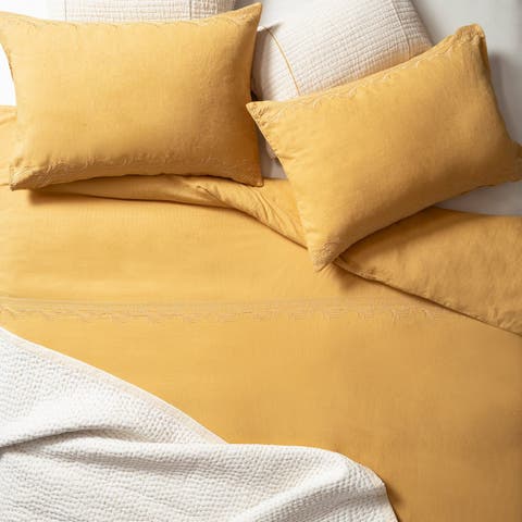 Mino Emroidered King Size Cotton Linen Duvet Cover Set 94X87 In