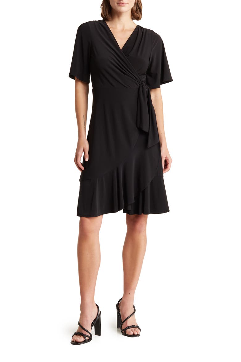 Flounce Faux Wrap Dress, Main, color, BLACK