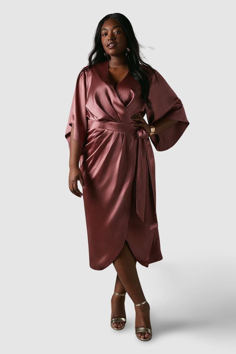 Plus Satin Wrap Midi Dress, Main, color, Rose