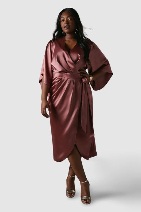 Plus Satin Wrap Midi Dress