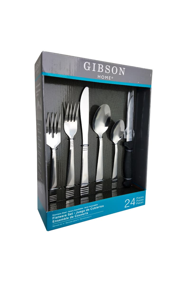 Gibson Palmore Plus 24 Piece Stainless Steel Flatware Set with 4 Steak Knives, Main, color, Metallic Silver