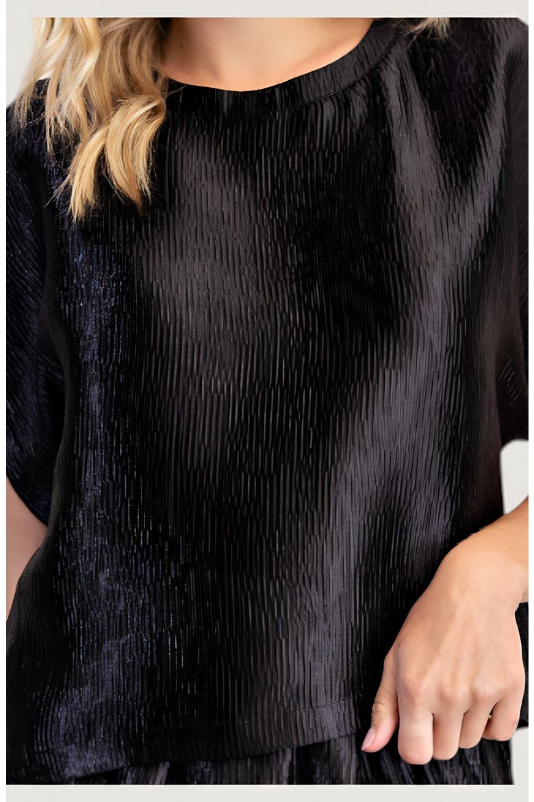 Short Sleeve Textured Satin Blouse with Relaxed Fit and Keyhole Back, Alternate, color, Black