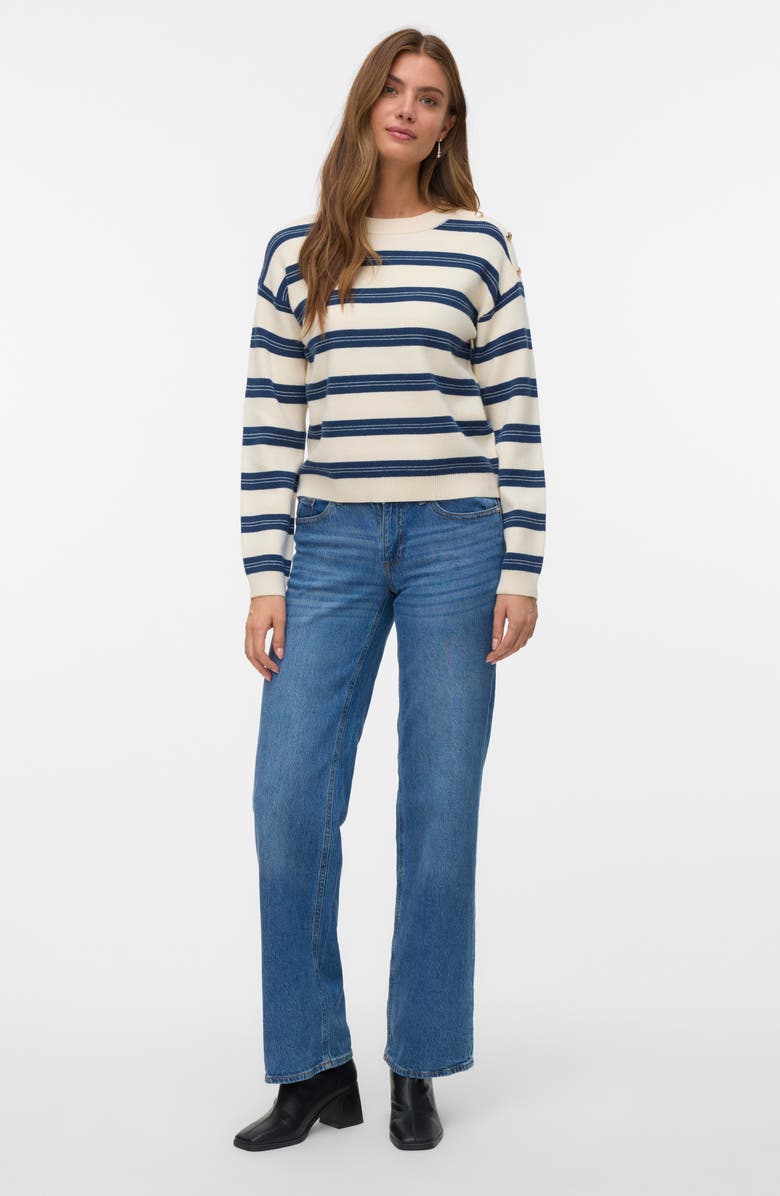 VERO MODA Stripe Button Shoulder Crop Sweater, Alternate, color, Birch/ Dark Blue