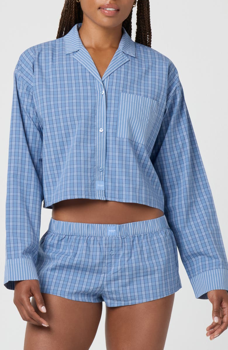 Florence by Mills Micro Plaid Crop Stretch Cotton Button-Up Shirt, Main, color, Vintage Blue Plaid