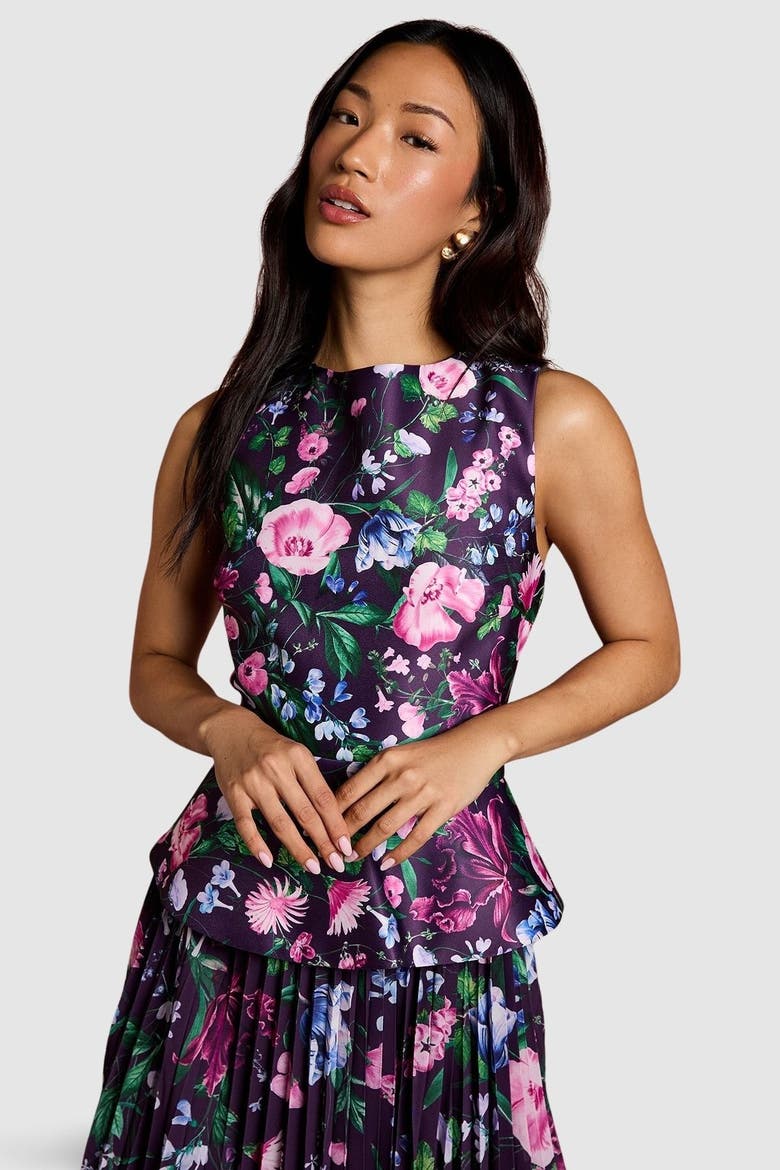 Structured Print Pleated Midi Dress, Alternate, color, Berry