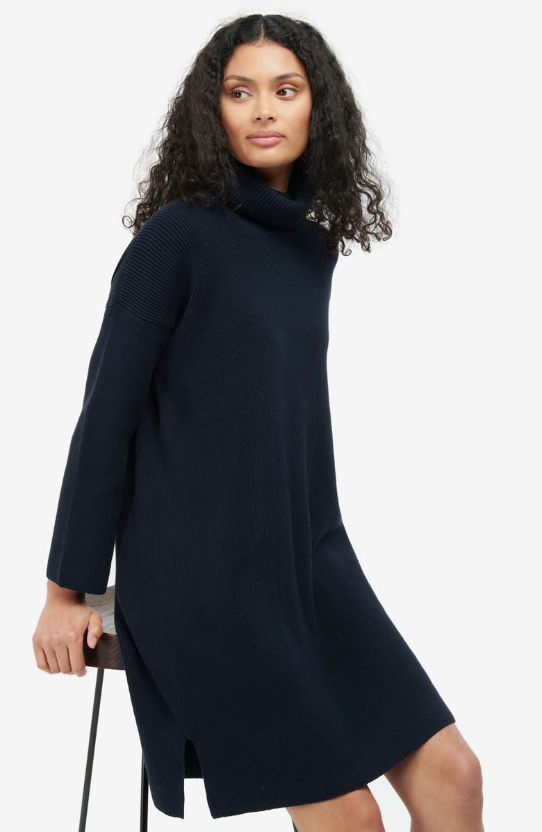 Barbour Stitch Long Sleeve Cotton Blend Rib Turtleneck Sweater Dress, Alternate, color, Navy