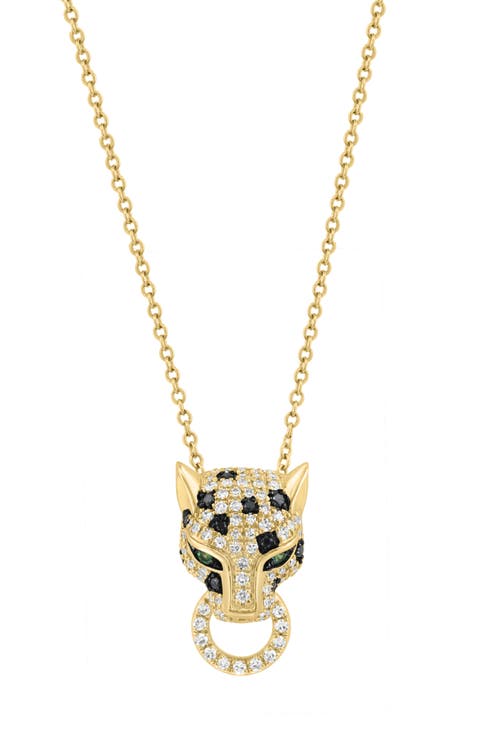 14K Gold Plated Sterling Silver Pavé Diamond & Tsavorite Panther Head Pendant Necklace