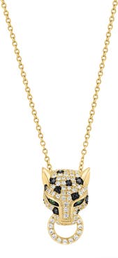 EFFY 14K Gold Plated Sterling Silver Pavé Diamond & Tsavorite Panther Head Pendant Necklace
