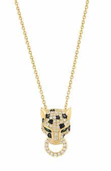 14K Gold Plated Sterling Silver Pavé Diamond & Tsavorite Panther Head Pendant Necklace