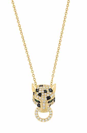 14K Gold Plated Sterling Silver Pavé Diamond & Tsavorite Panther Head Pendant Necklace