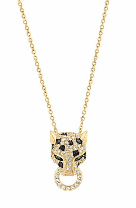 14K Gold Plated Sterling Silver Pavé Diamond & Tsavorite Panther Head Pendant Necklace