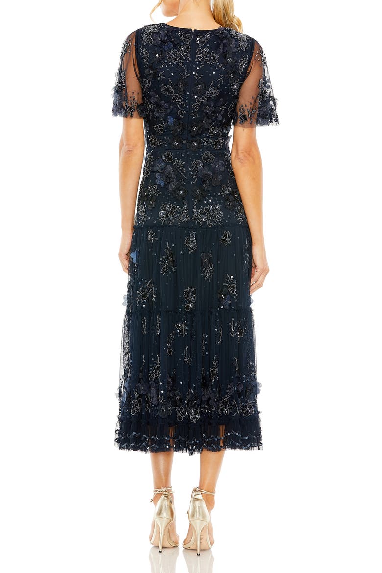 Women's Floral Appliqué Embellished Flutter Sleeve Midi Dress, Alternate, color, MIDNIGHT