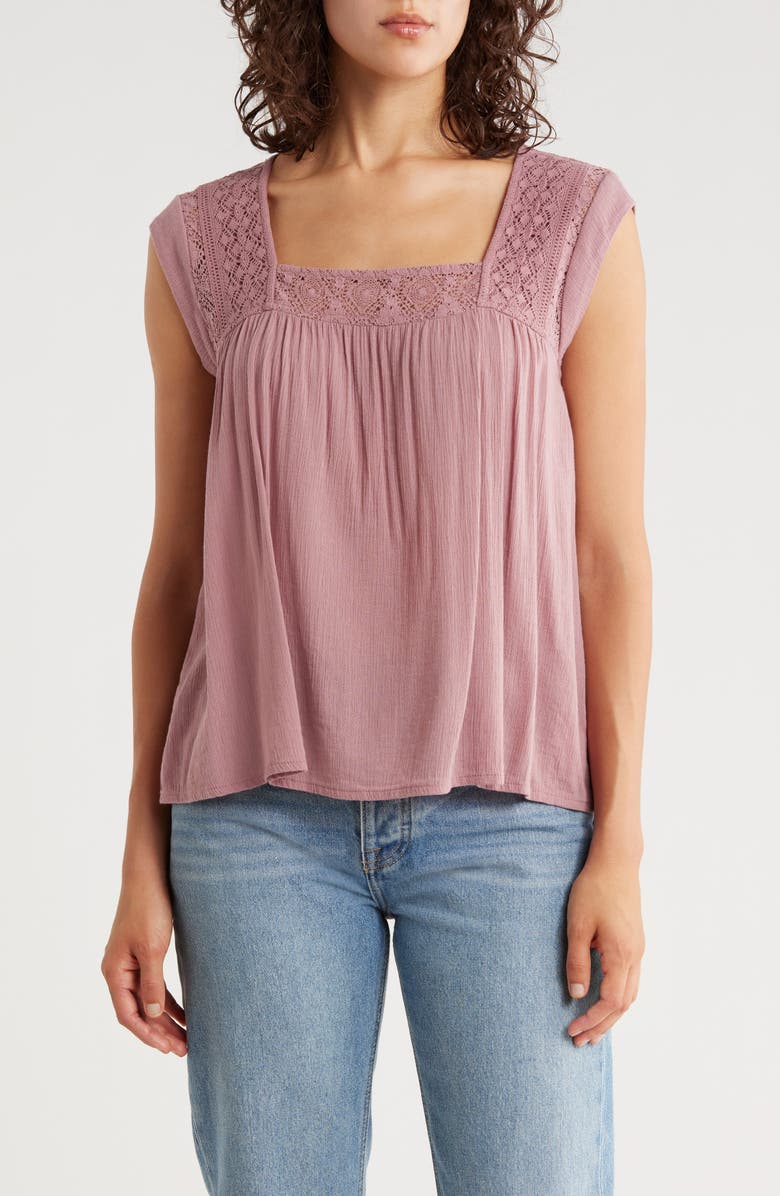 Lucky Brand Lace Trim Cap Sleeve Top, Main, color, Nostalgia Rose