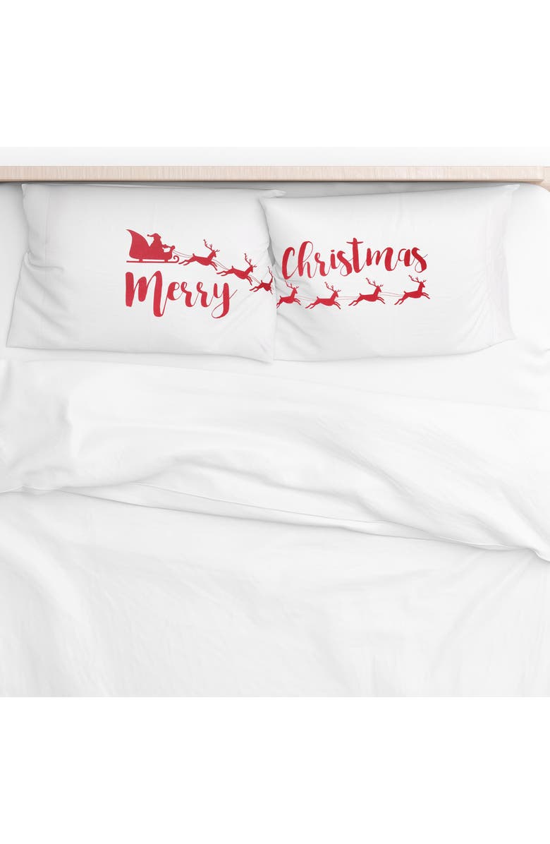 C&F Home "Merry Christmas" Santa Sleigh & Reindeer Cotton Blend Set of 2 Pillowcases 20" x 30", Alternate, color, White