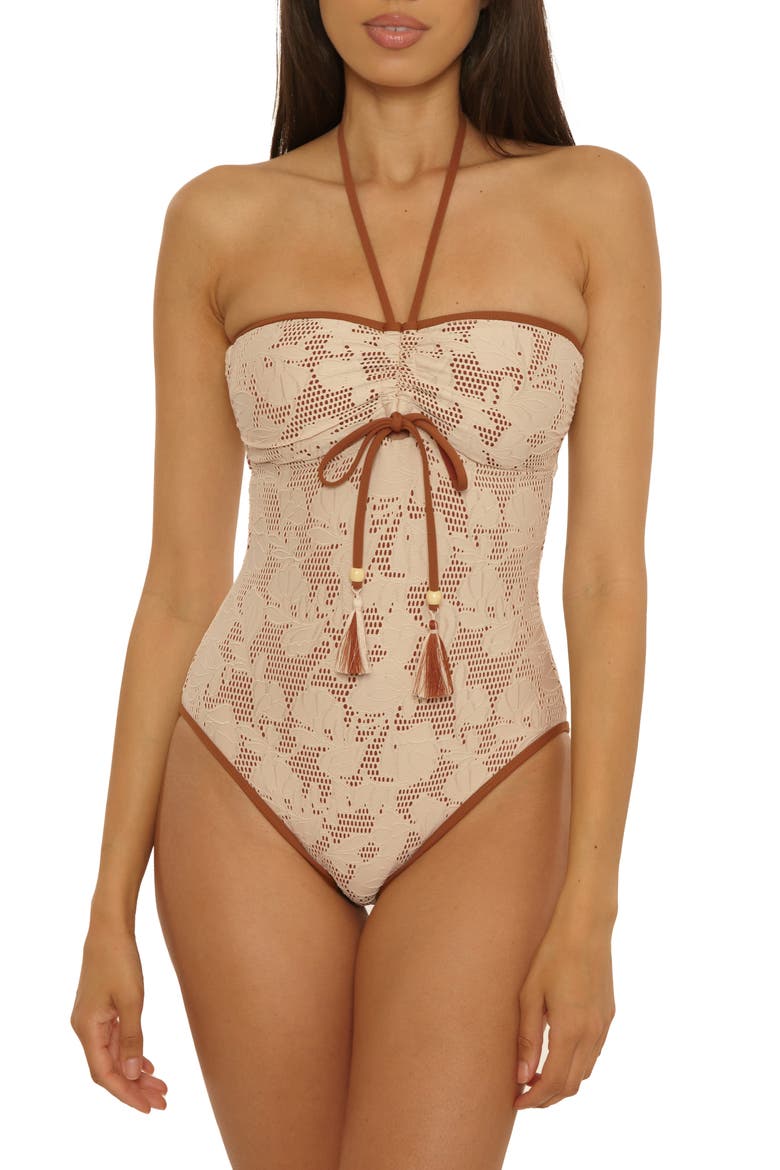 Belize Ruched Lace Overlay One-Piece Swimsuit, Main, color, NATURAL