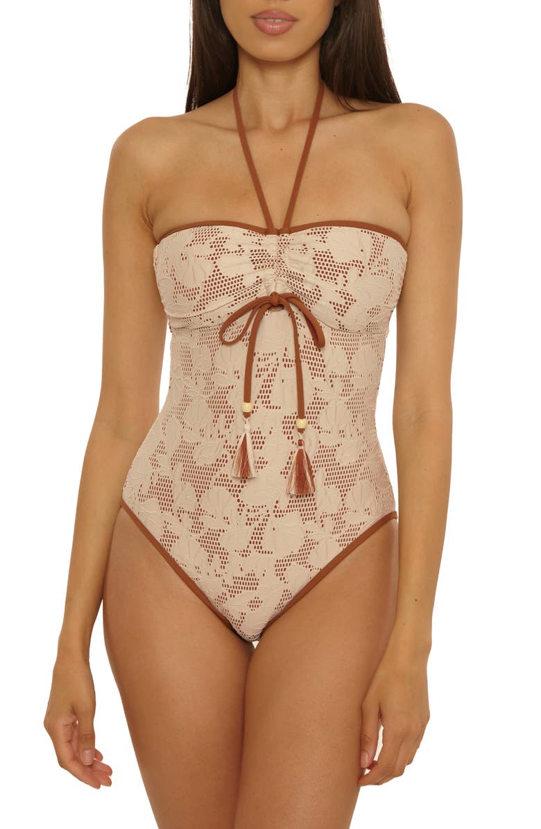 Lucky Brand Belize Ruched Lace Overlay One-Piece Swimsuit, Main, color, Natural