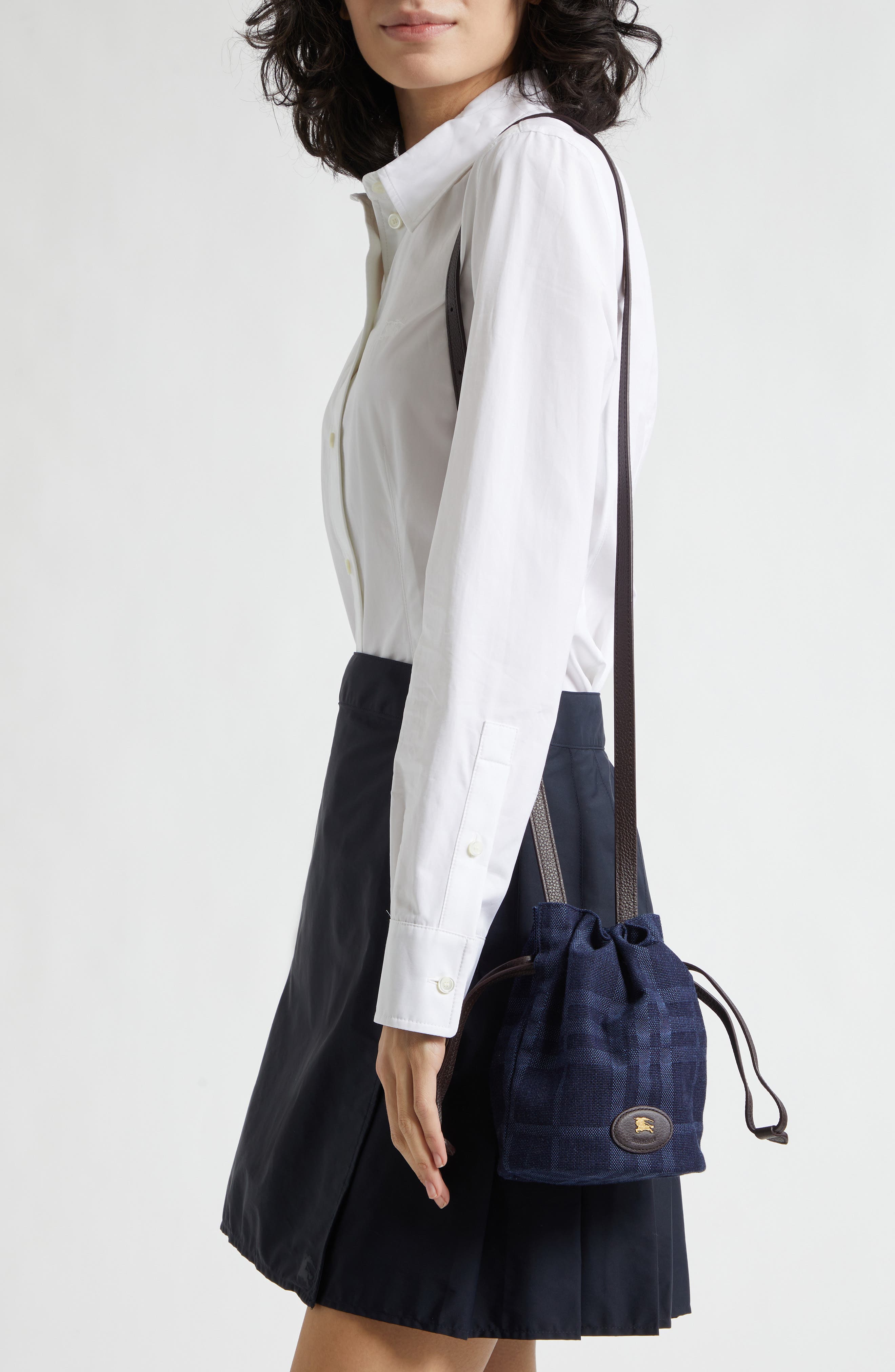 Burberry Mini Horseshoe Denim Crossbody Bucket Bag, Alternate, color, Blue