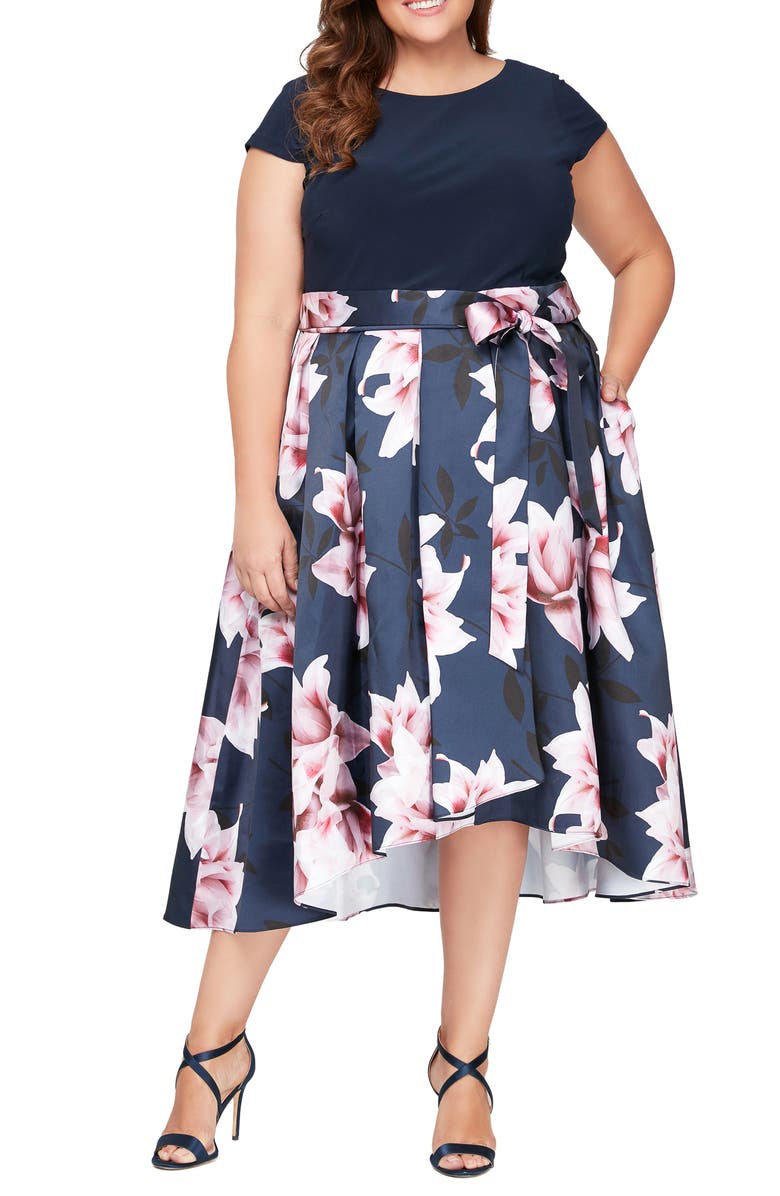SL FASHIONS Floral High-Low Cocktail Dress, Main, color, Navy