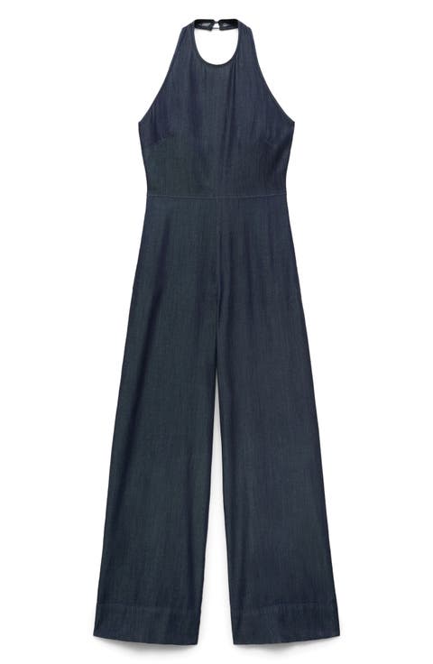 Denim Halter Jumpsuit (Open Blue)