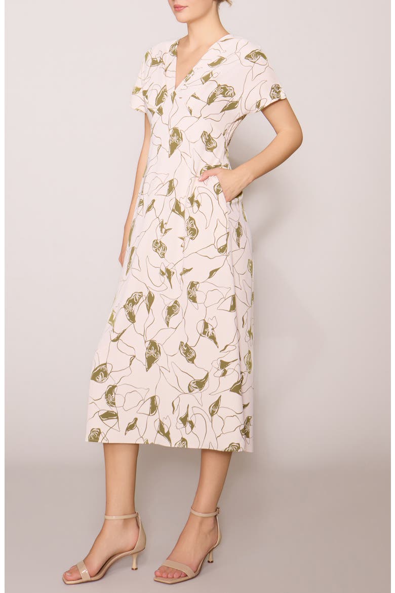 Floral V-Neck Midi Dress, Alternate, color, BONE/ GREEN FLORAL