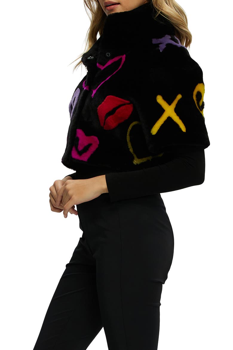 Reversible Genuine Shearling XO Intarsia Bolero with Cropped Sleeves, Alternate, color, BLACK/XO MULTI