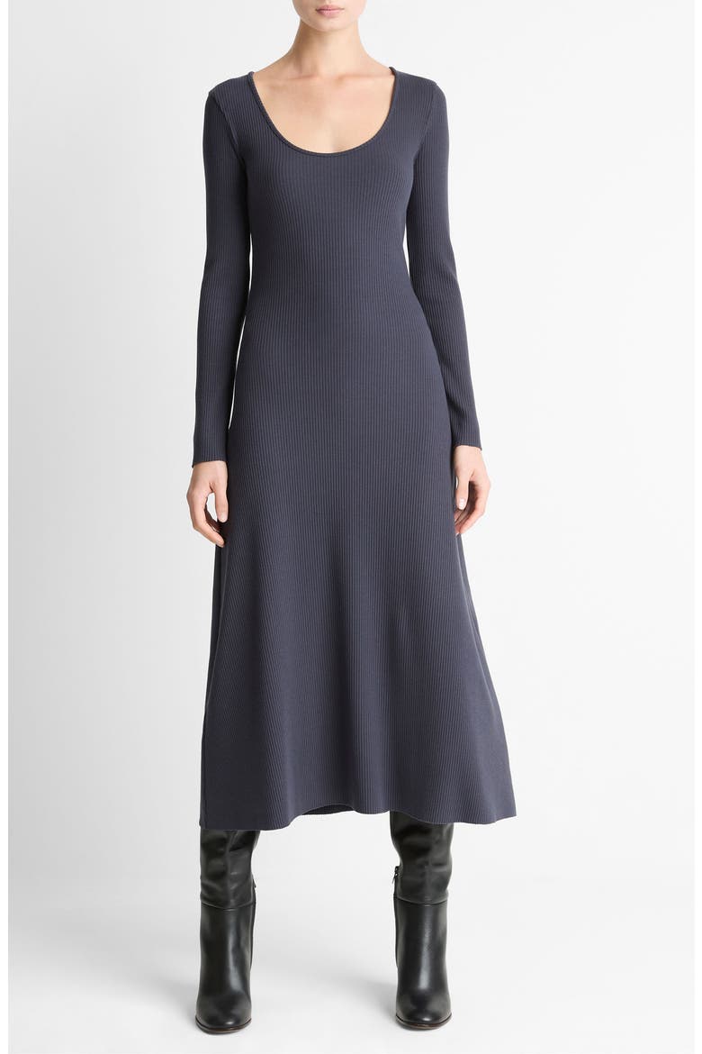 Rib Scoop NeckLong Sleeve Midi Dress, Main, color, NIGHT MARINE