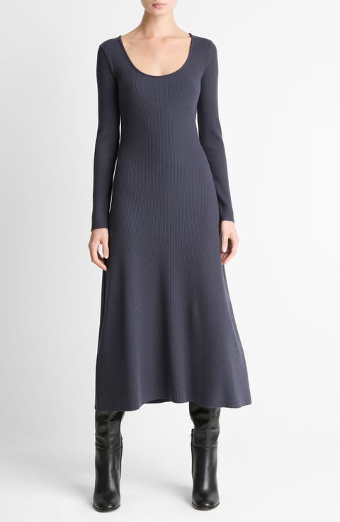 Rib Scoop NeckLong Sleeve Midi Dress